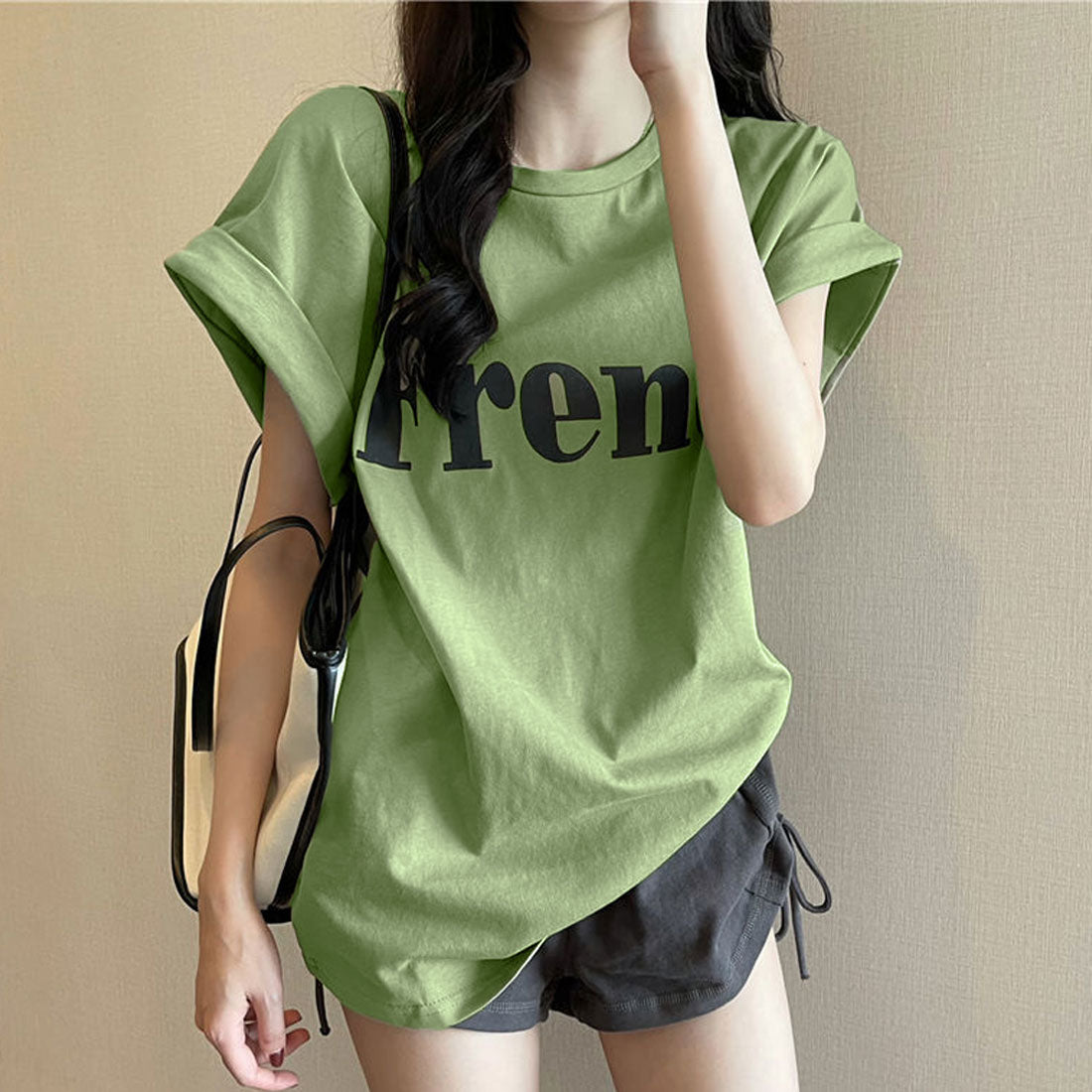 フレンチスリーブ 英字ロゴTシャツ 韓国,ライトグリーン