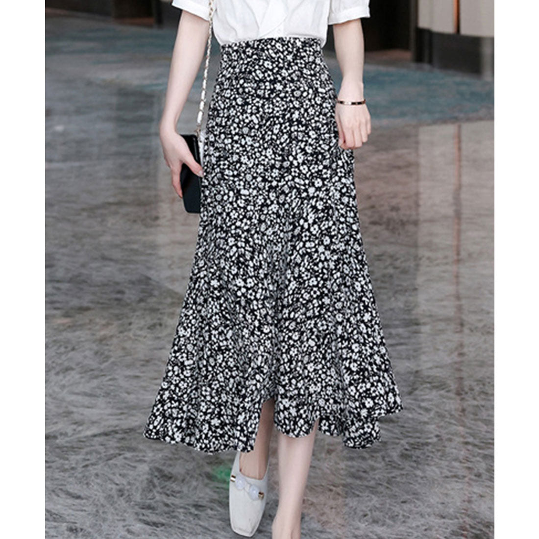 フレアスカート 小花柄マーメイドスカート ブラック
