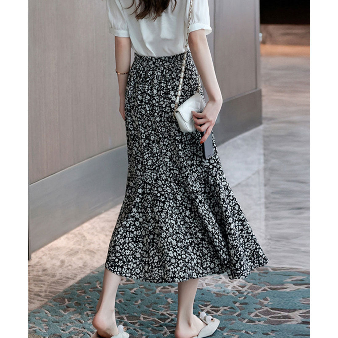 フレアスカート 小花柄マーメイドスカート ブラック