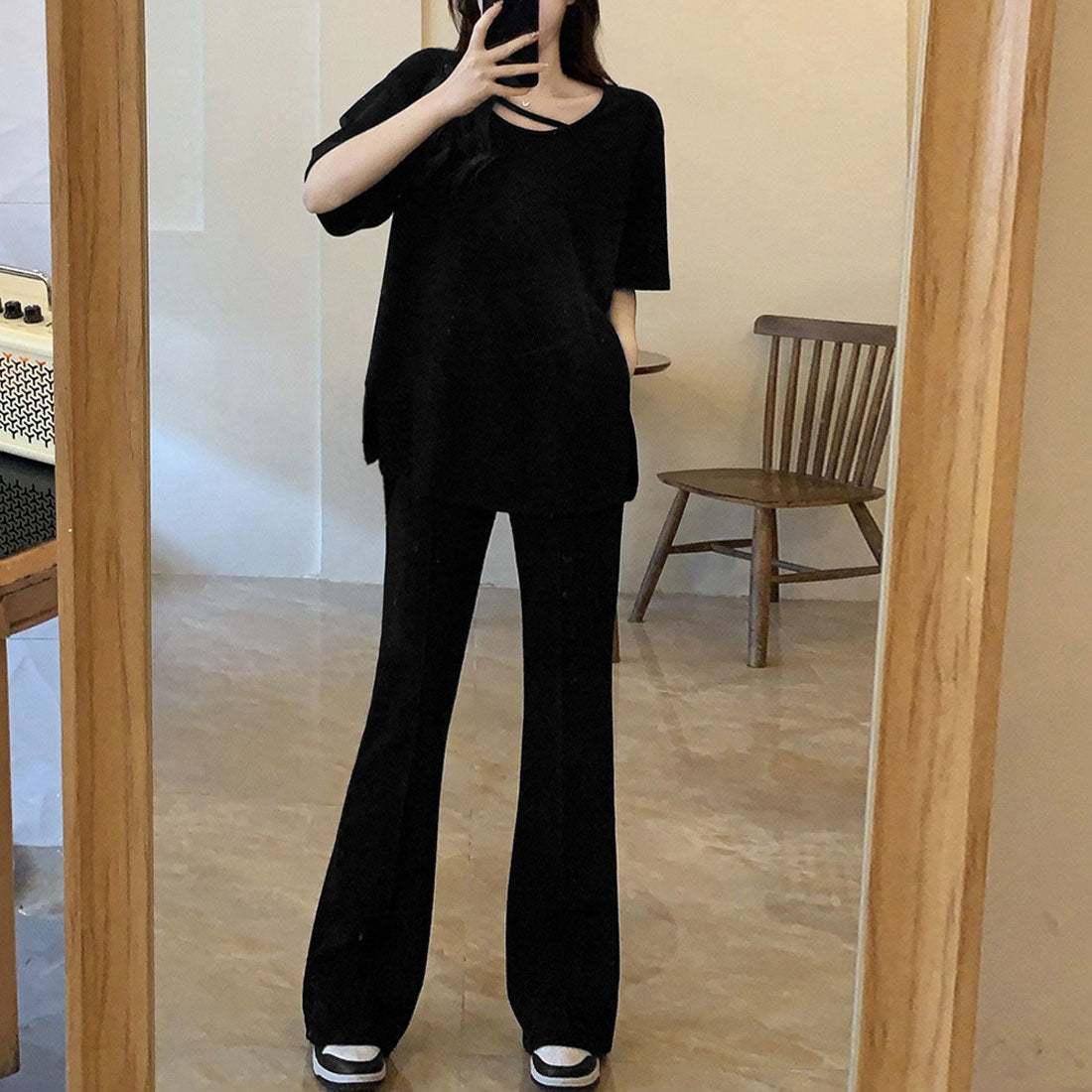 セットアップ レディース 夏服体型カバー,ブラック