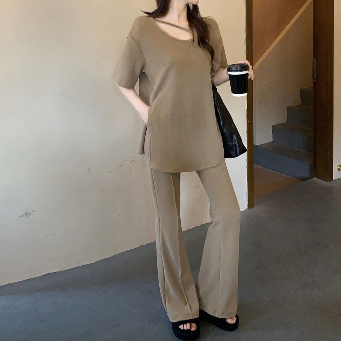 セットアップ レディース 夏服体型カバー,ライトブラウン