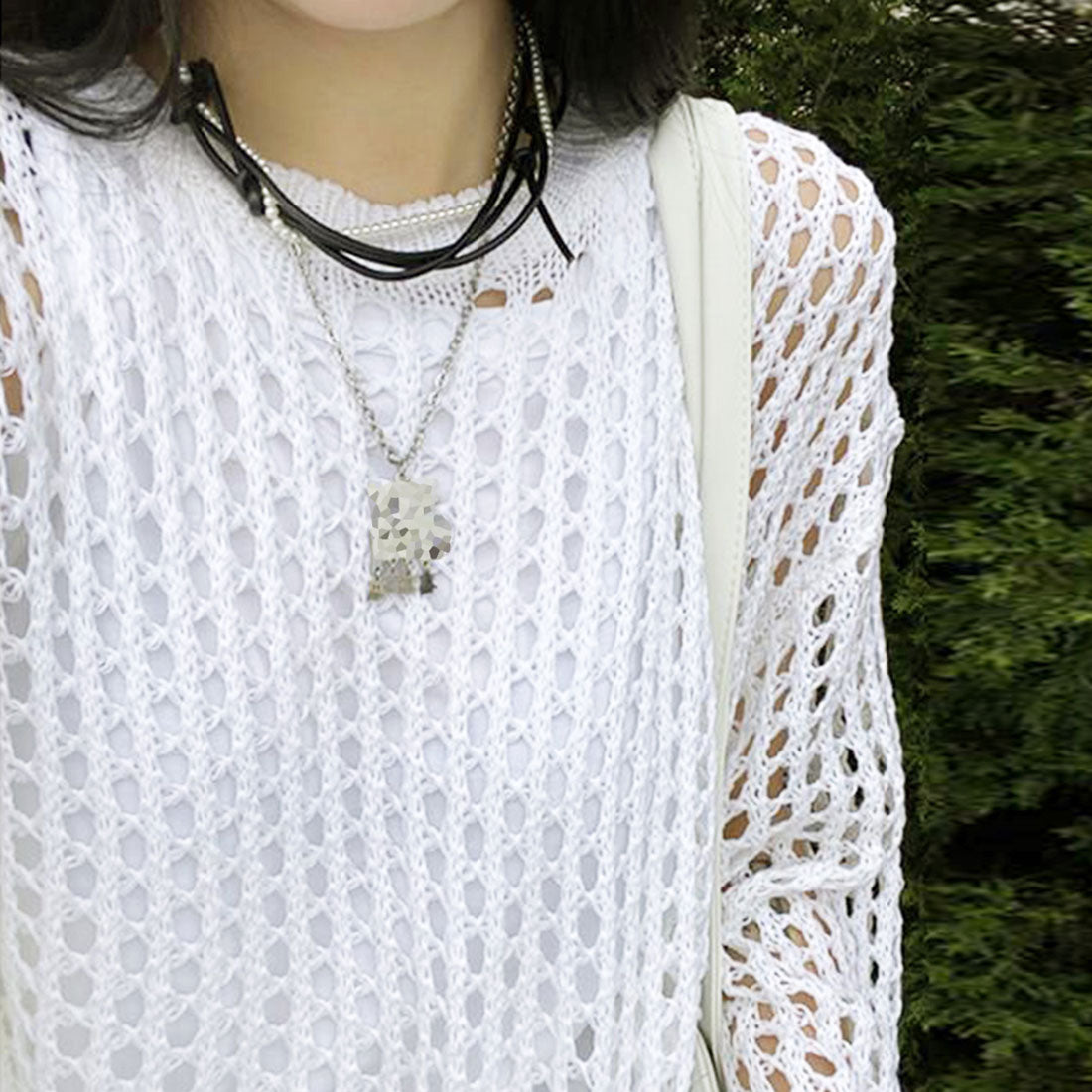 メッシュニット 透かし編みトップス 長袖