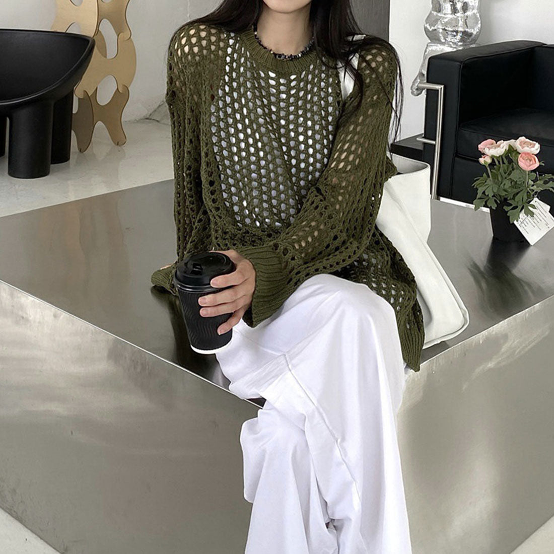 メッシュニット 透かし編みトップス 長袖