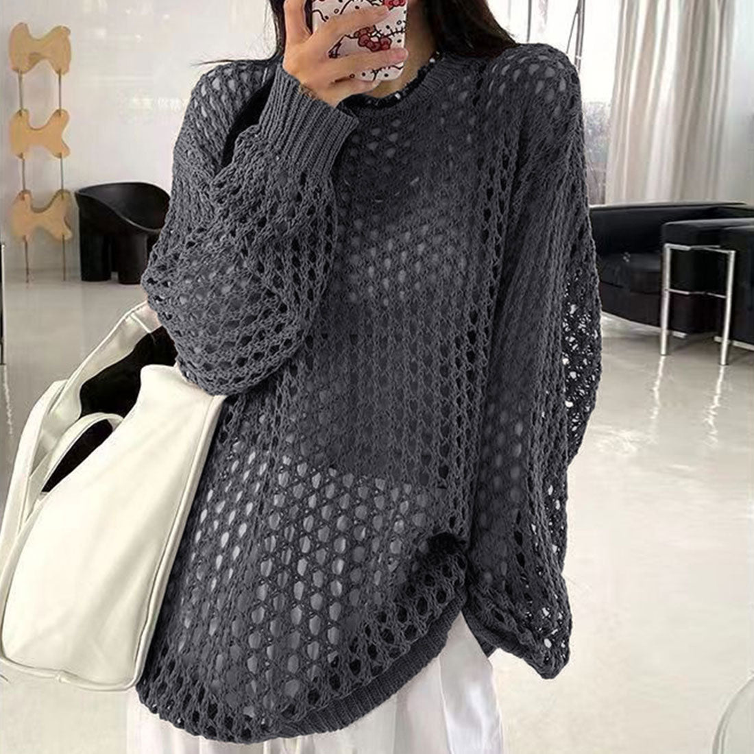 メッシュニット 透かし編みトップス 長袖