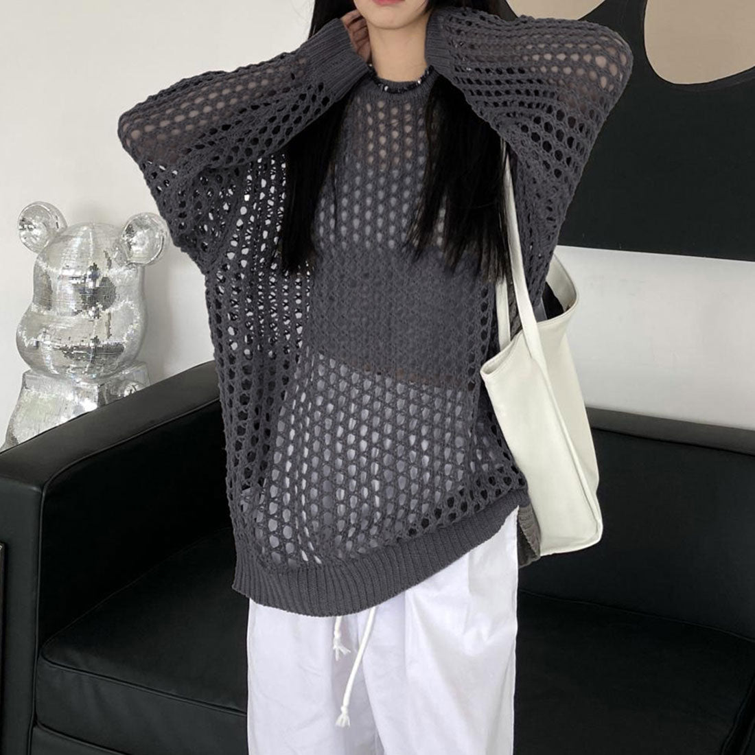 メッシュニット 透かし編みトップス 長袖
