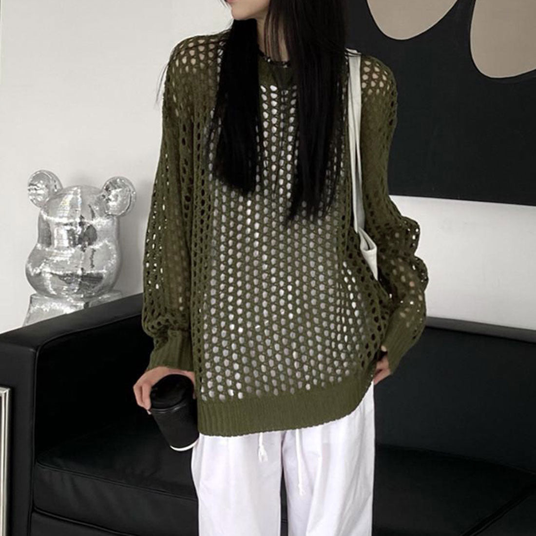 メッシュニット 透かし編みトップス 長袖,カーキ色