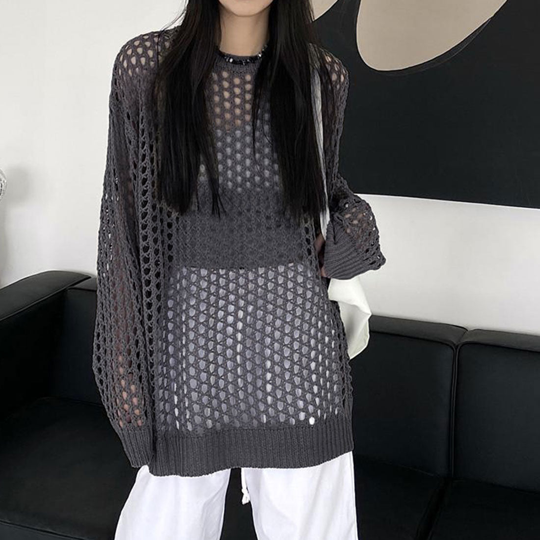 メッシュニット 透かし編みトップス 長袖,ダークグレー