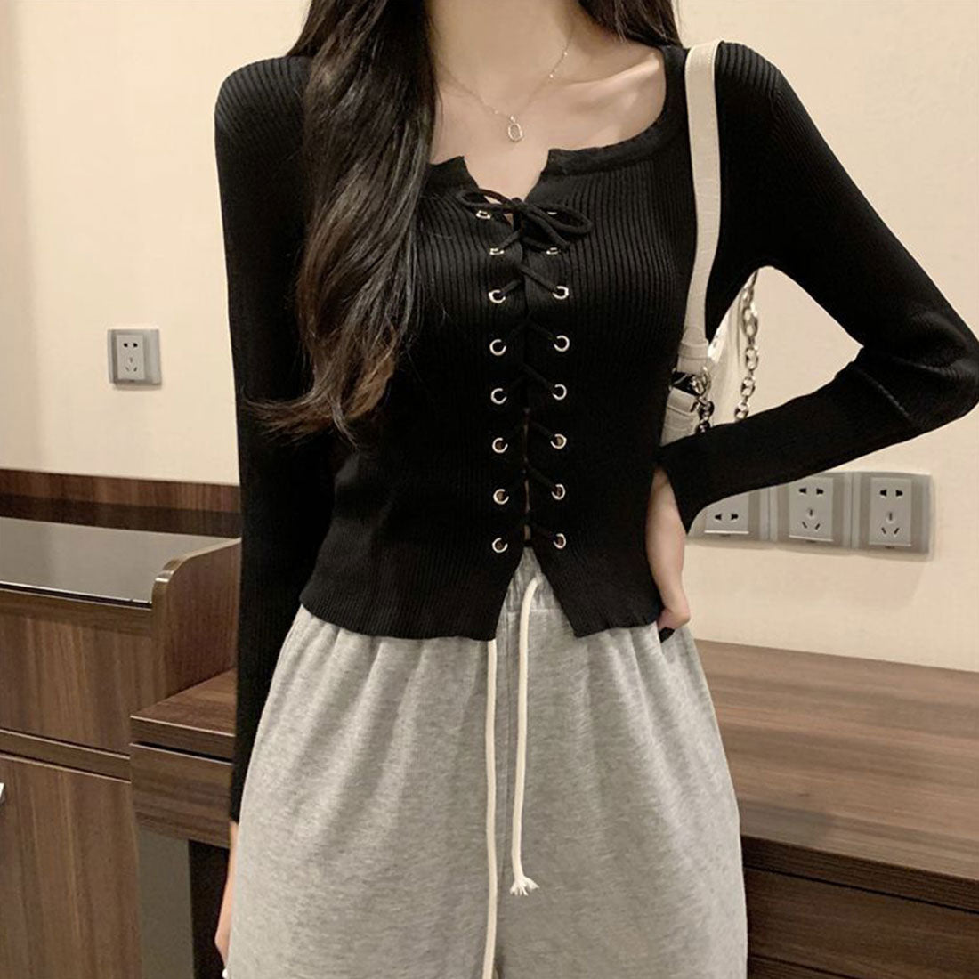 Knit top with front lace-up for fall