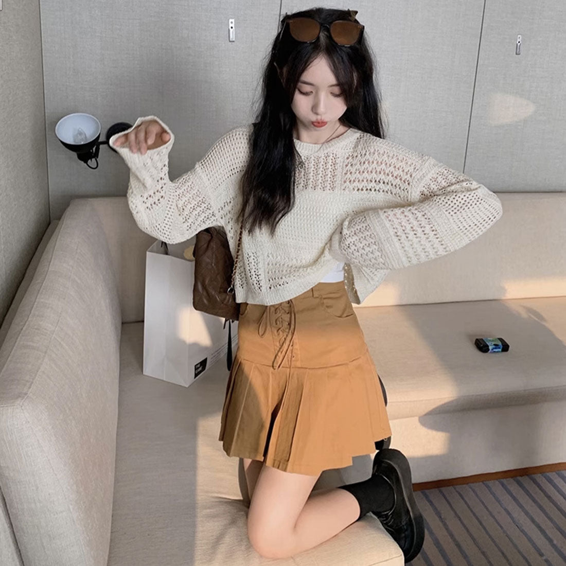 透かし編みニットトップス レディース長袖