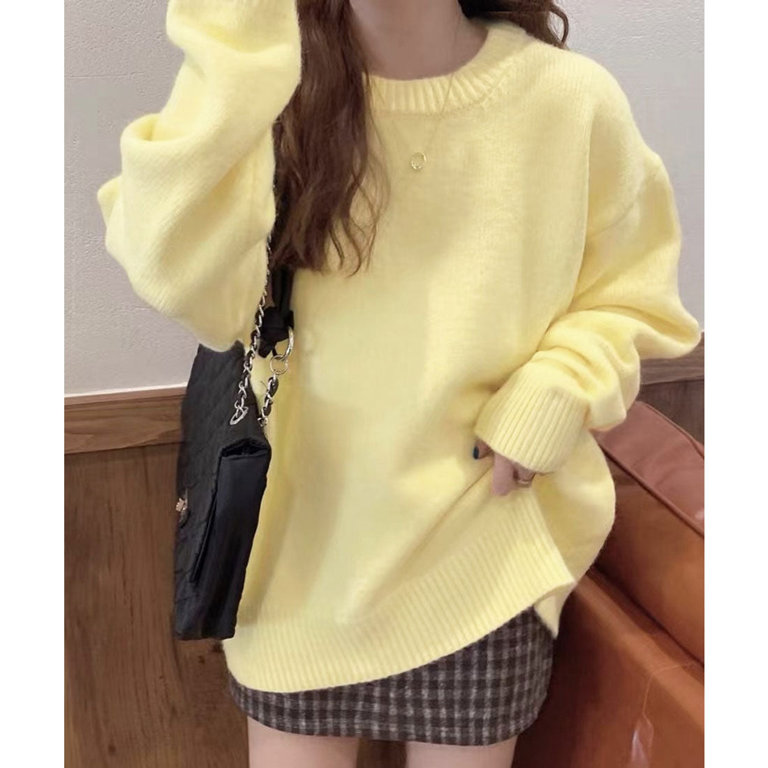 ニットセーター カラーニット 長袖 秋冬,ライトイエロー