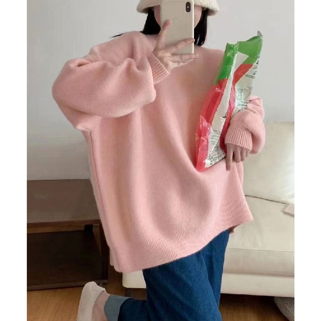 ニットセーター カラーニット 長袖 秋冬,ピンク