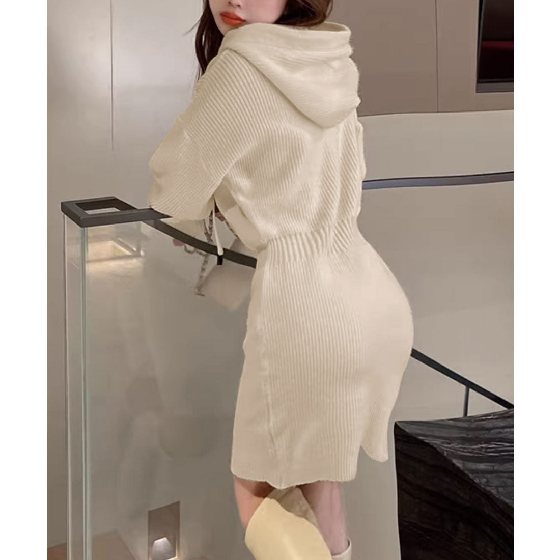 Mini Knit Dress with Hood, Korean Style