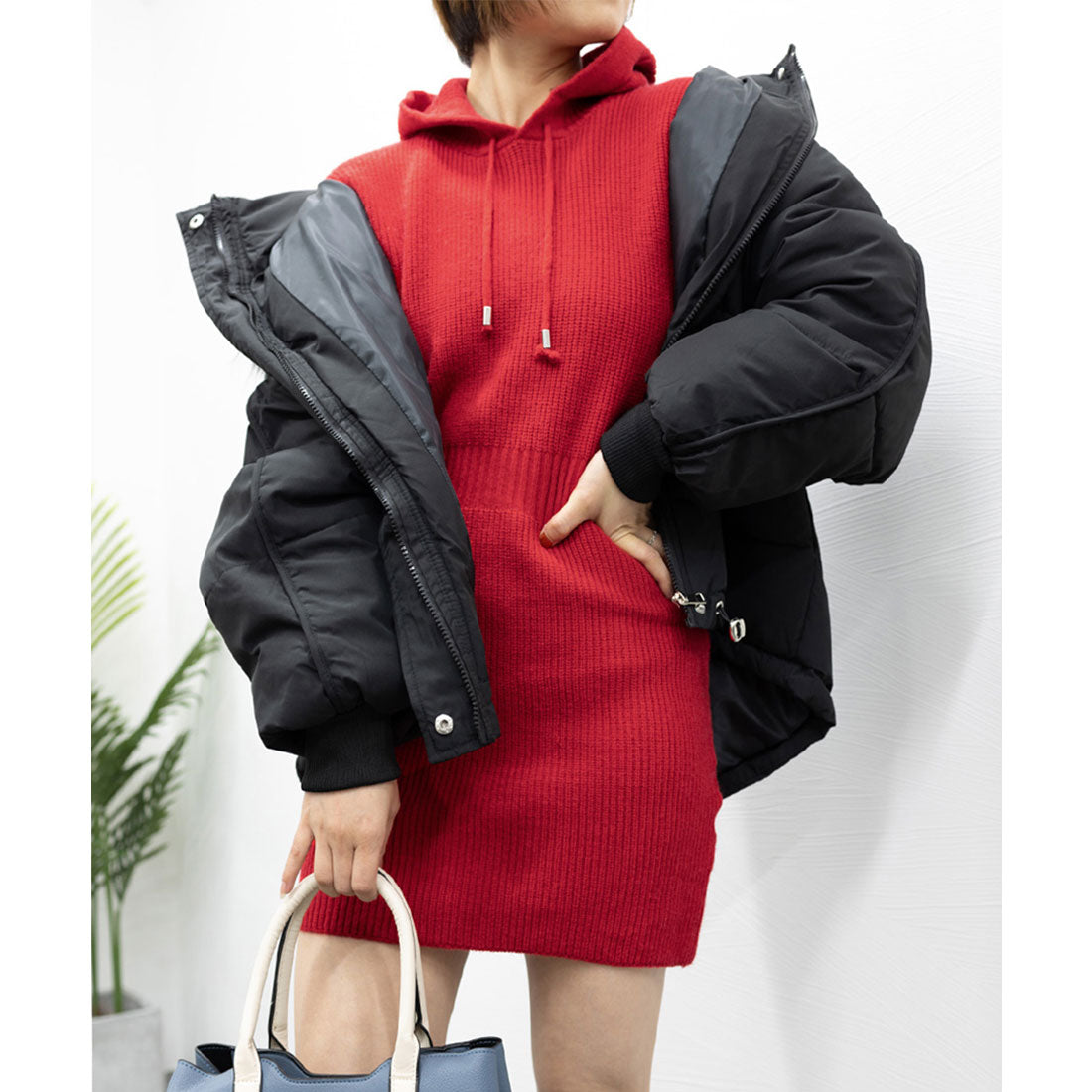 Mini Knit Dress with Hood, Korean Style