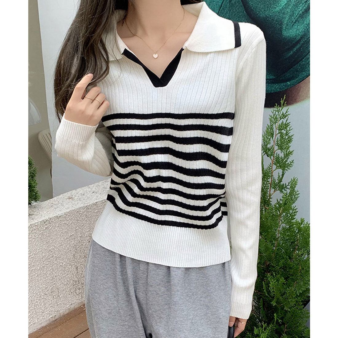 Polo collar striped knit top V-neck