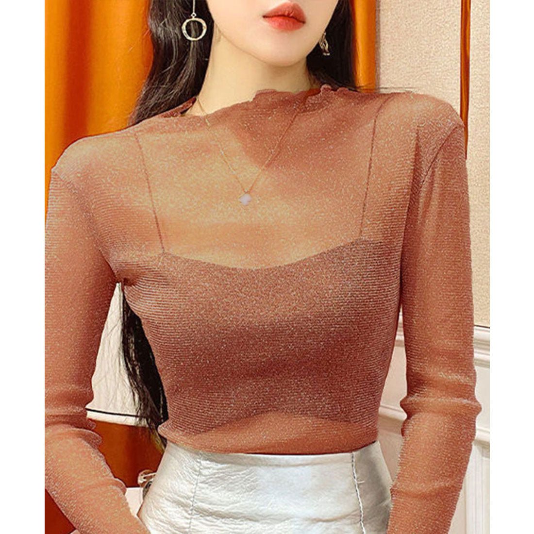 ラメ入り シースルートップス セクシー,ベージュ