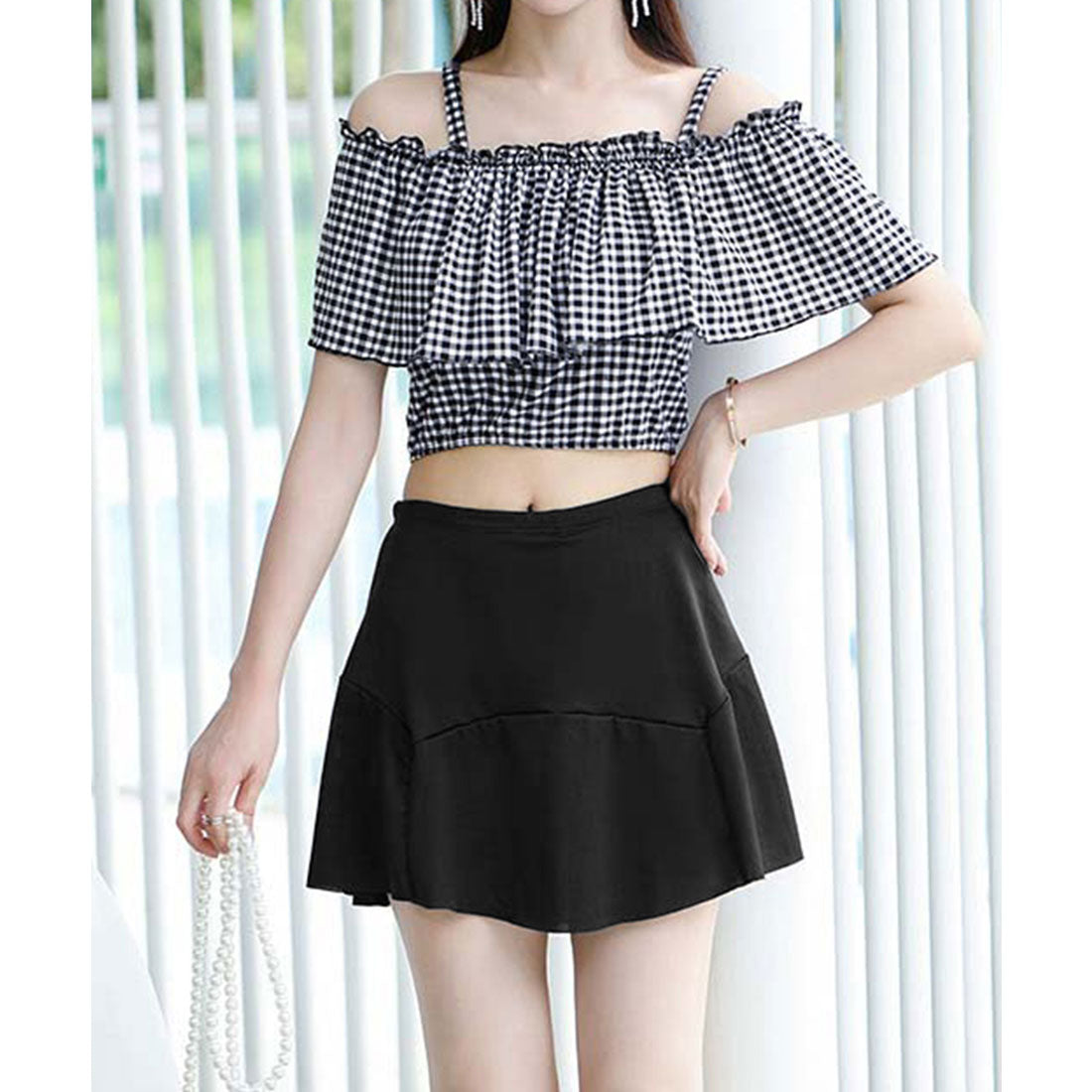miniministore Mini Mini Store Swimwear Off-Shoulder Checkered Pattern Swimwear Korean Style 【Non-Returnable Item】