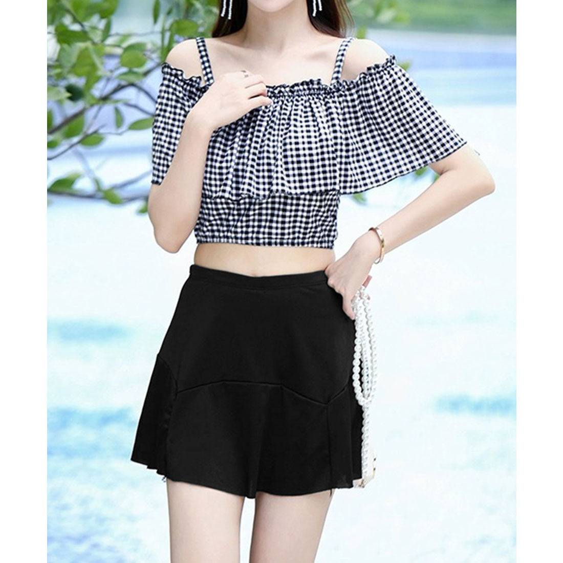 miniministore Mini Mini Store Swimwear Off-Shoulder Checkered Pattern Swimwear Korean Style 【Non-Returnable Item】