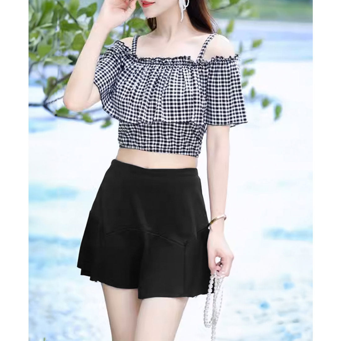 miniministore Mini Mini Store Swimwear Off-Shoulder Checkered Pattern Swimwear Korean Style 【Non-Returnable Item】