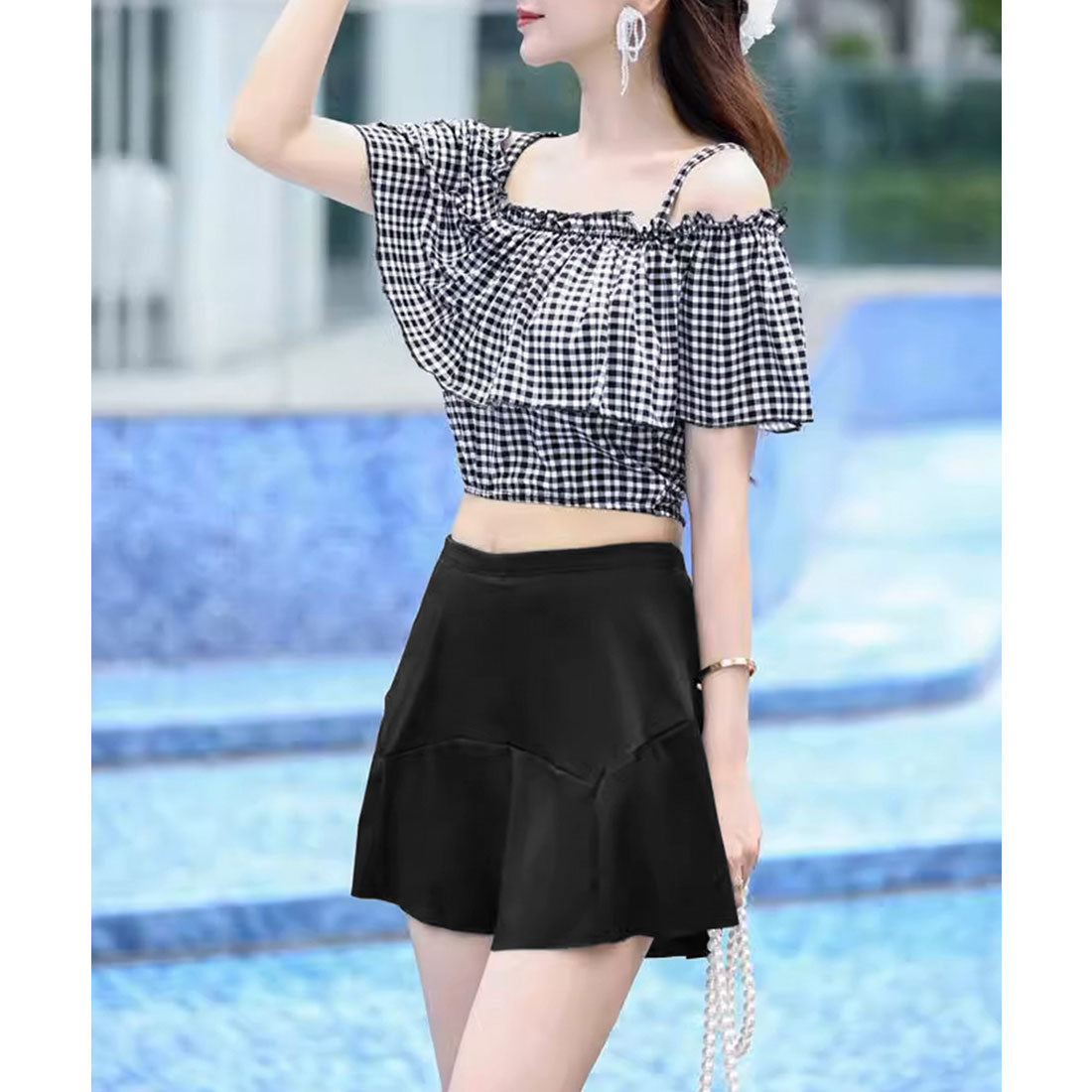 miniministore Mini Mini Store Swimwear Off-Shoulder Checkered Pattern Swimwear Korean Style 【Non-Returnable Item】