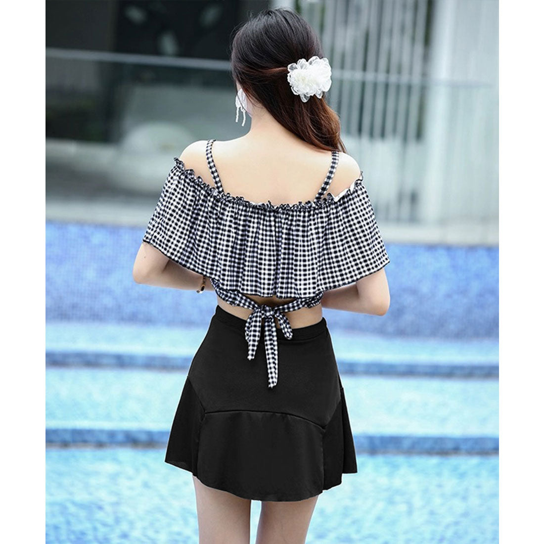 miniministore Mini Mini Store Swimwear Off-Shoulder Checkered Pattern Swimwear Korean Style 【Non-Returnable Item】