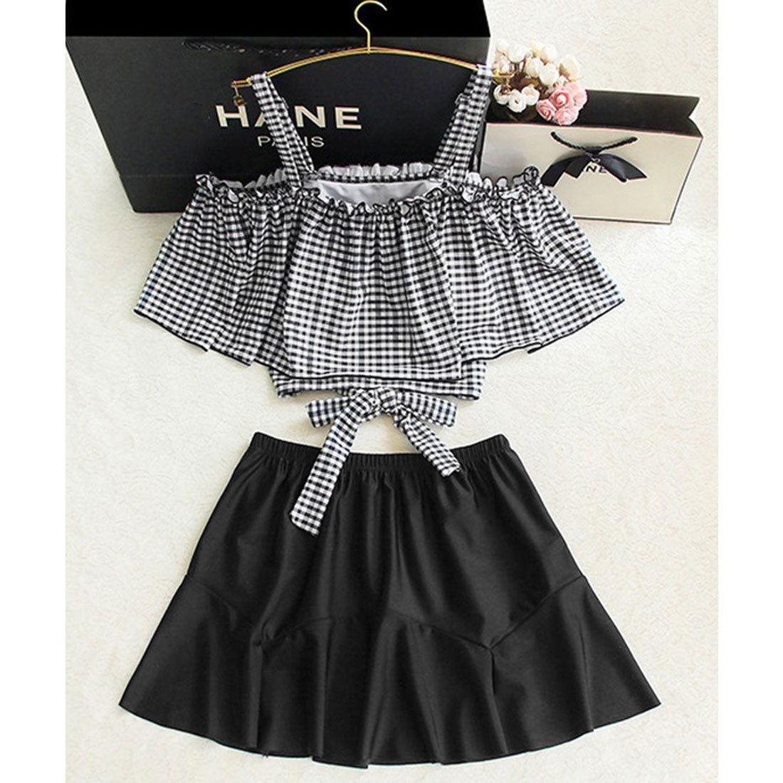 miniministore Mini Mini Store Swimwear Off-Shoulder Checkered Pattern Swimwear Korean Style 【Non-Returnable Item】