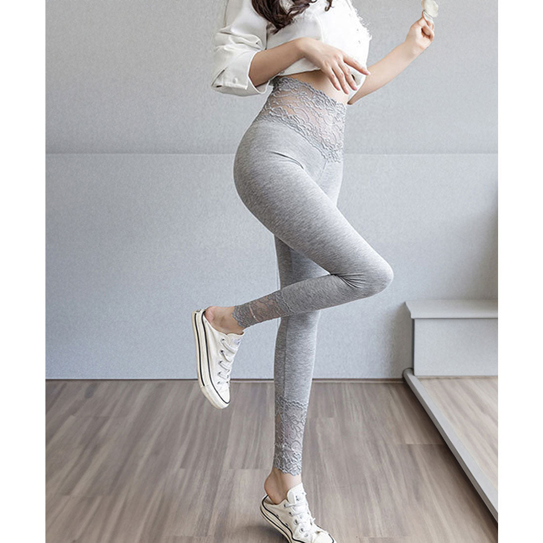 ミニミニストア miniministore レース切り替えレギンス 美脚美尻スパッツ (チャコールグレー) チャコールグレー