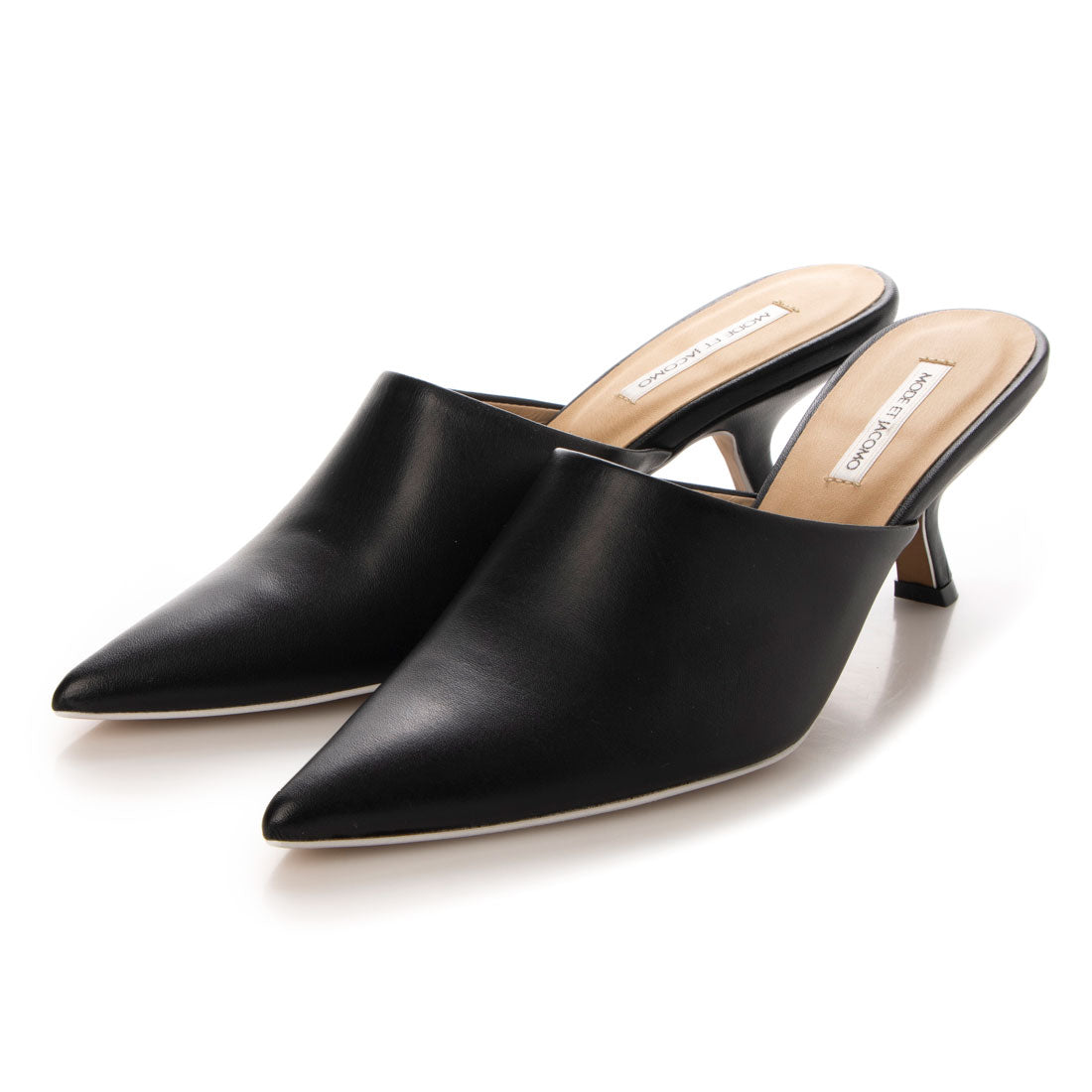 モード エ ジャコモ MODE ET JACOMO ダイアゴナルヒールポインテッドトゥミュール,ブラック