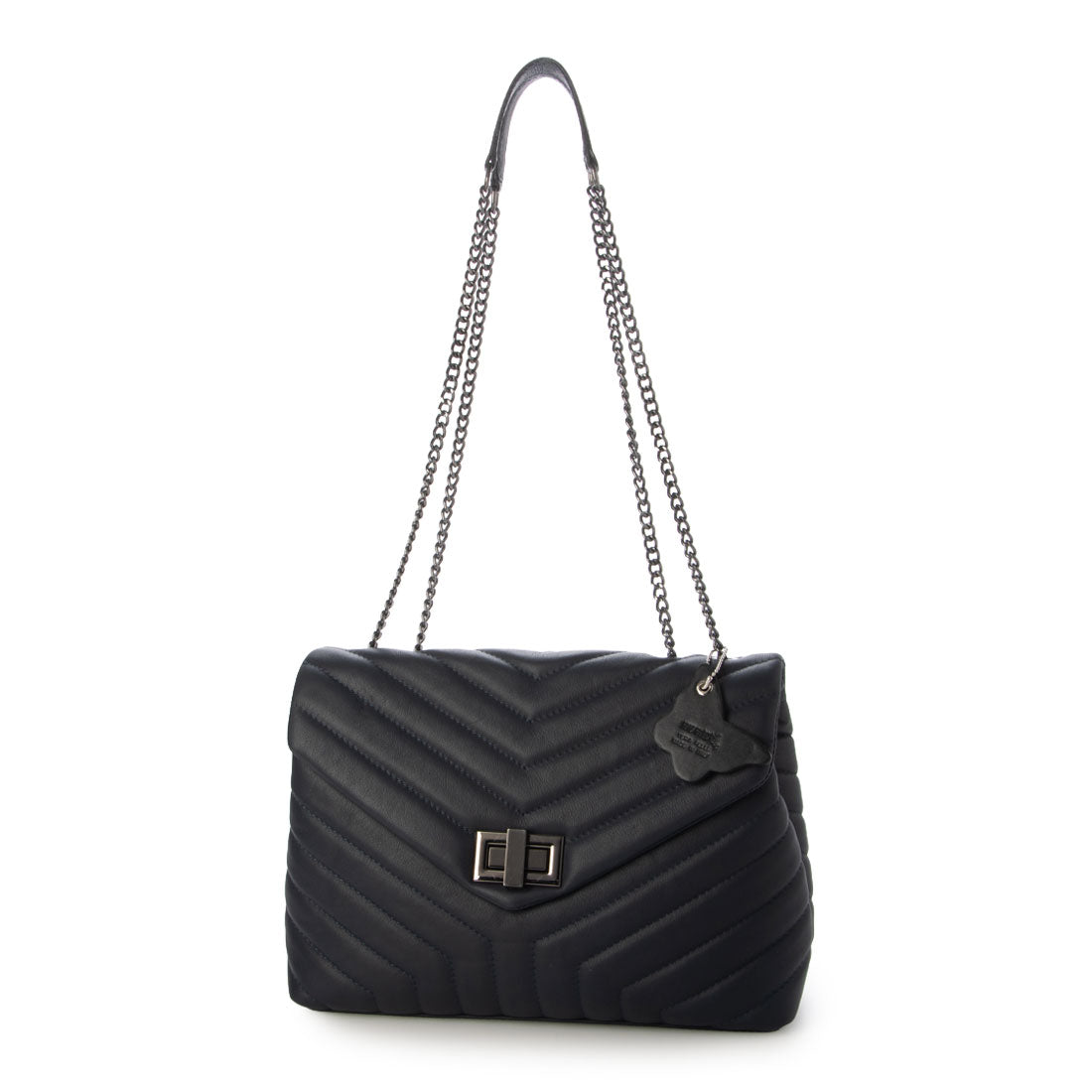 モードフルーレ MODE FOURRURE イタリアンカーフV字キルティングショルダーバッグ (ネイビー) ネイビー