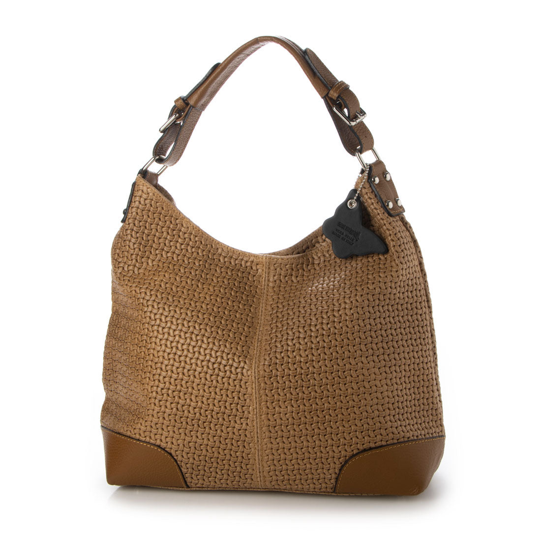 モードフルーレ MODE FOURRURE イタリアンカーフメッシュ型押しワンショルダーバッグ,キャメル