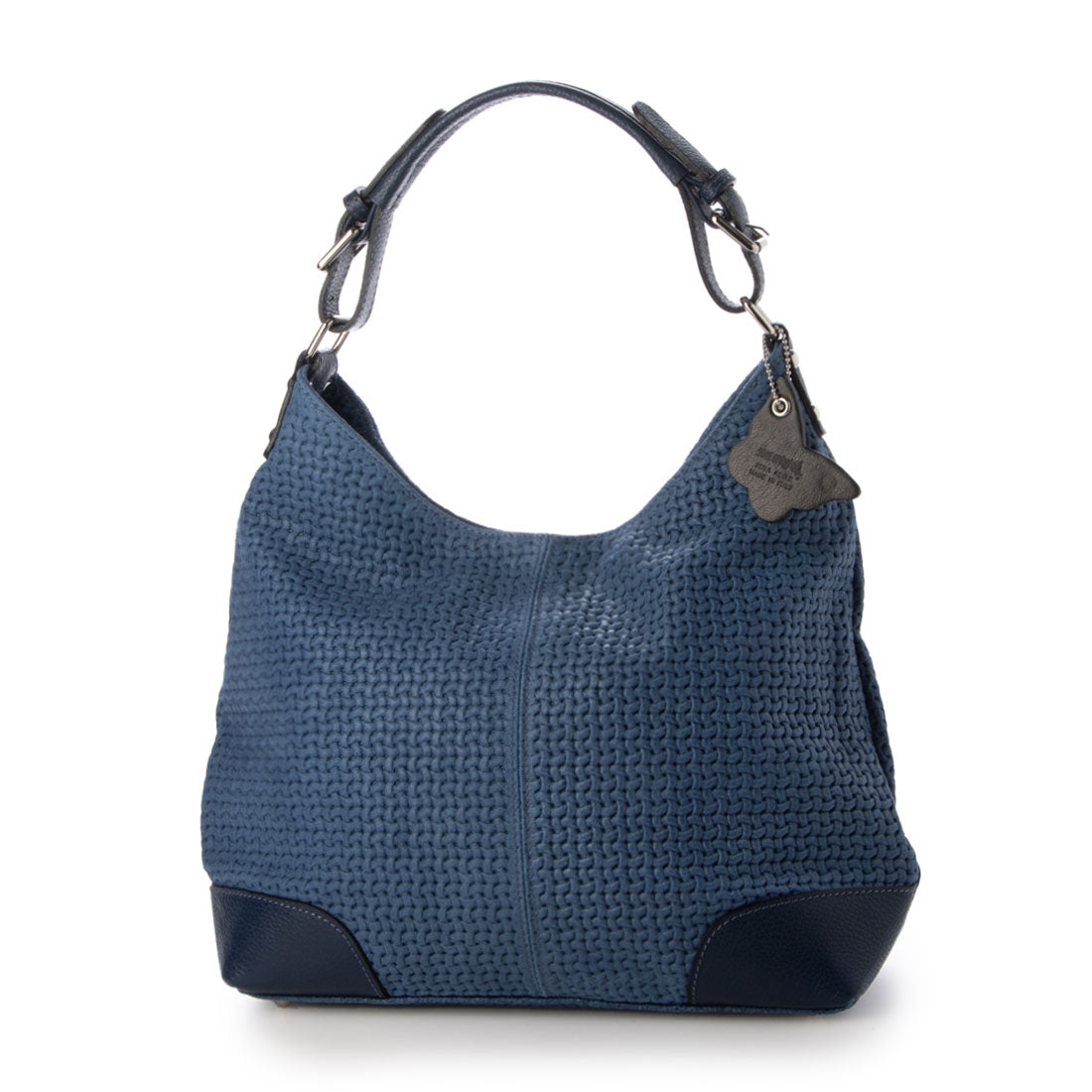 モードフルーレ MODE FOURRURE イタリアンカーフメッシュ型押しワンショルダーバッグ,ブルージーン