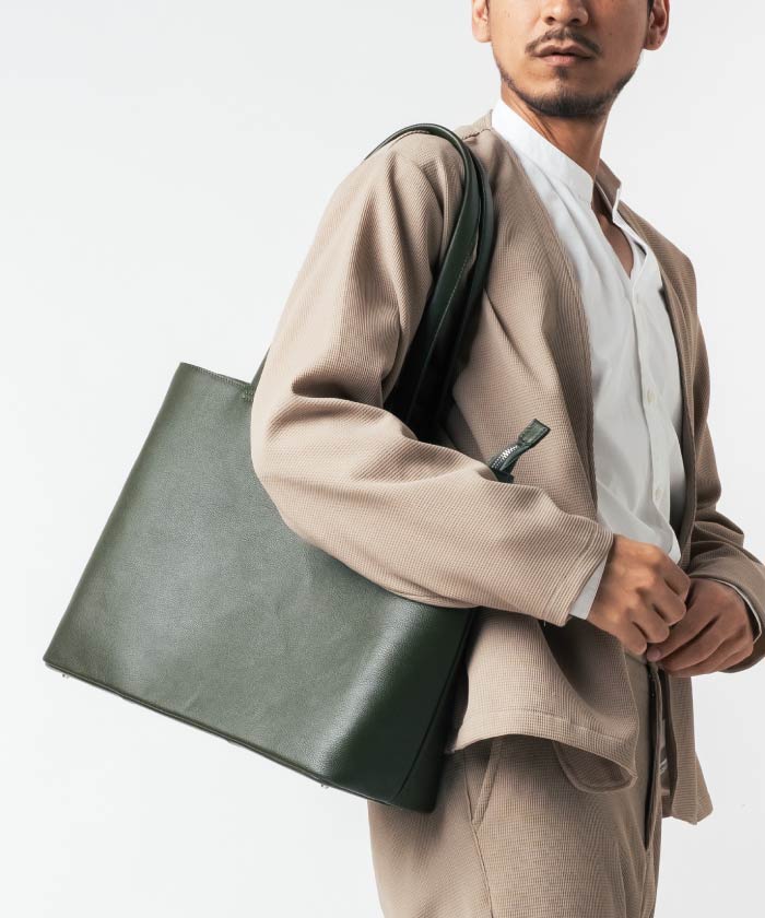 MURA シュリンクレザー シンプル スマホポケット トートバッグ,グリーン