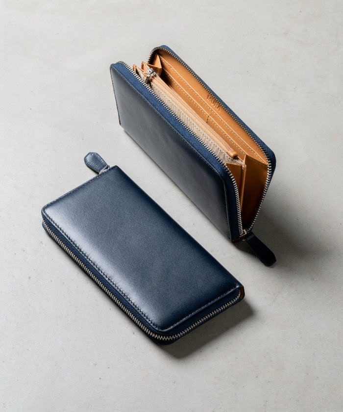 MURA 牛革 スキミング防止機能付き YKKラウンドファスナー 長財布,ネイビー