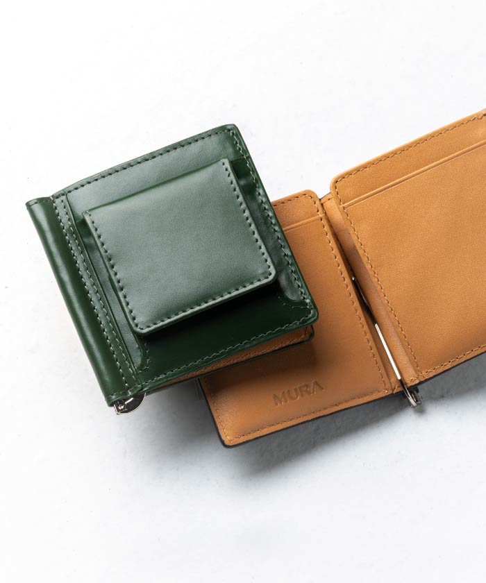 MURA 小銭入れ付き コードバン調 牛本革 二つ折りマネークリップ,グリーン