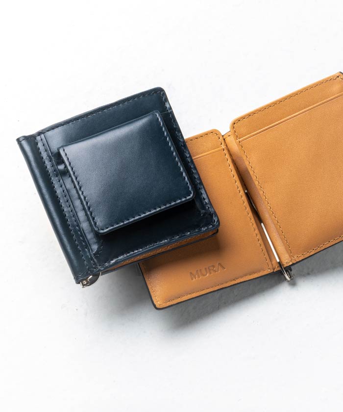 MURA 小銭入れ付き コードバン調 牛本革 二つ折りマネークリップ,ネイビー