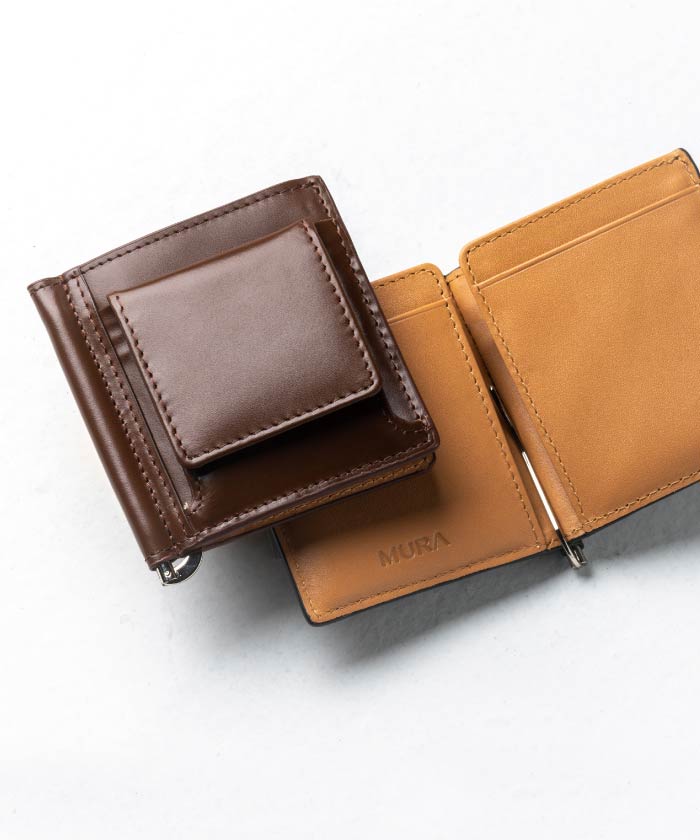 MURA 小銭入れ付き コードバン調 牛本革 二つ折りマネークリップ,ダークブラウン