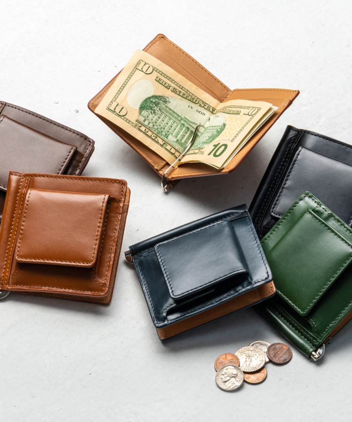 MURA 小銭入れ付き コードバン調 牛本革 二つ折りマネークリップ,ブラック