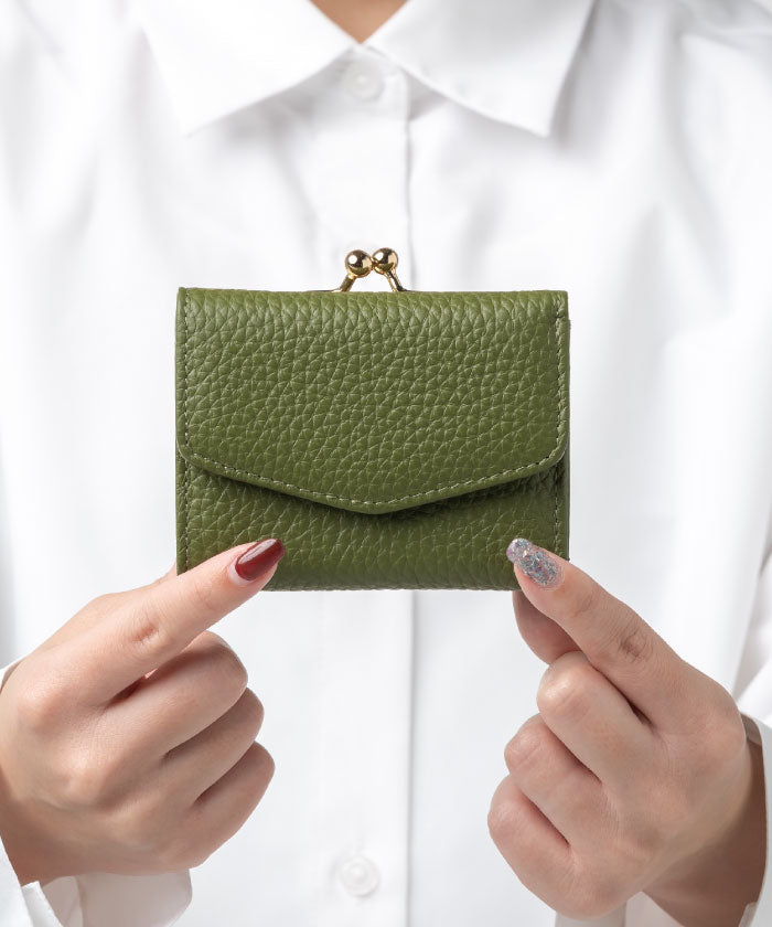 MURA シュリンクレザー がま口 ボックス型コイン収納 三つ折り ミニ財布,グリーン