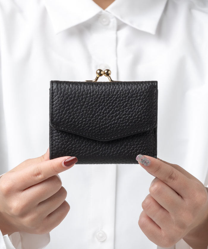 MURA シュリンクレザー がま口 ボックス型コイン収納 三つ折り ミニ財布,ブラック