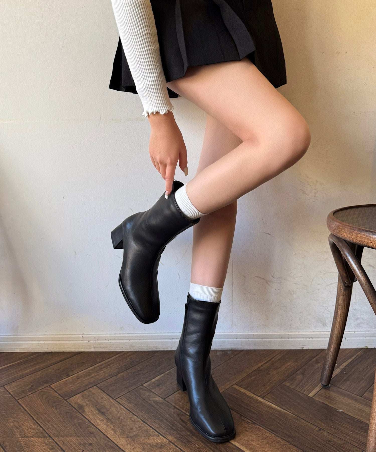 shirred waist a line dress ShopNikoNiko Square Toe Mid Boots Korean Fashion Korean Casual Korean Girly Shoes Footwear Boots Mid-Length Boots Medium Boots Comfortable Easy to Wal