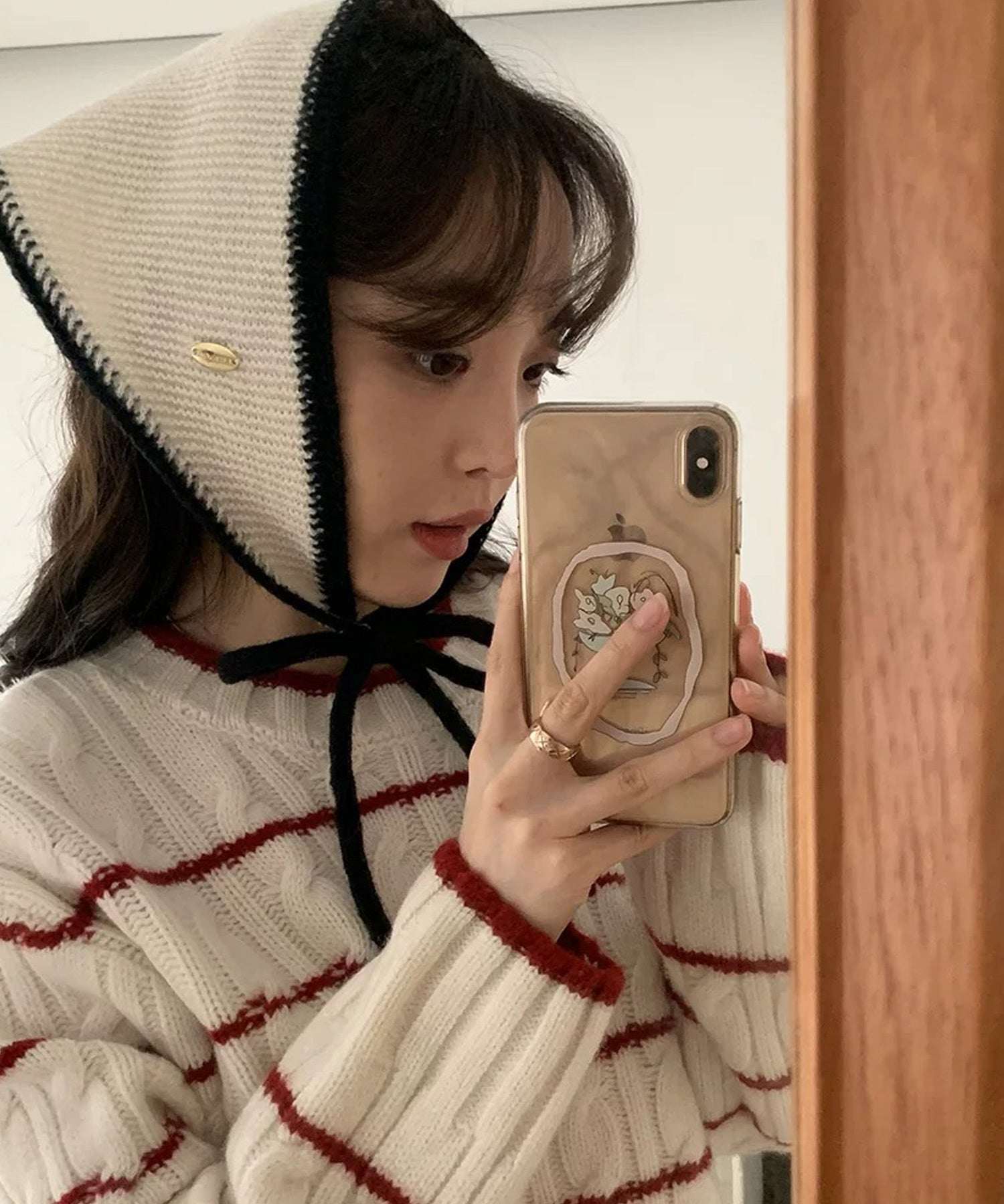 ショップニコニコ ShopNikoNiko バイカラーニット 紐付 バブーシュカ ma 【即納】韓国カジュアル 韓国ガーリー フレンチガーリー バレエコア スカーフ 付け襟 ニット編み 配色 冬小物 防寒対策