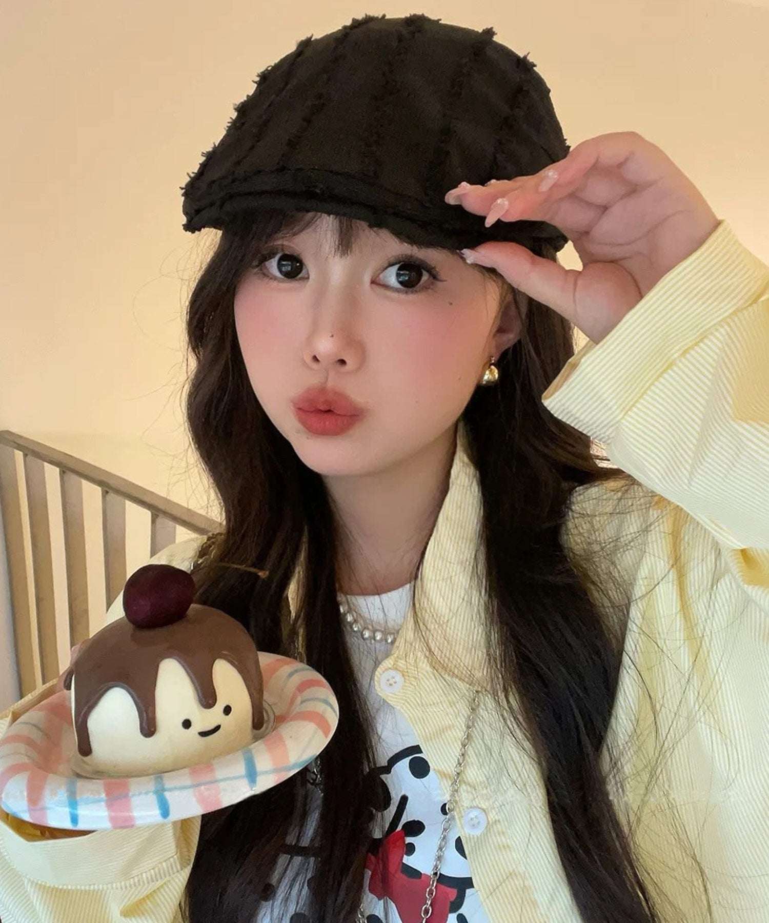 ショップニコニコ ShopNikoNiko ストライプフリンジ ハンチング帽 【即納】韓国カジュアル 韓国ガーリー ワンホンファッション オルチャンファッション フリンジ加工 サイズ調節可能 紫外線対策 UV対策 (ブラック) ブラック