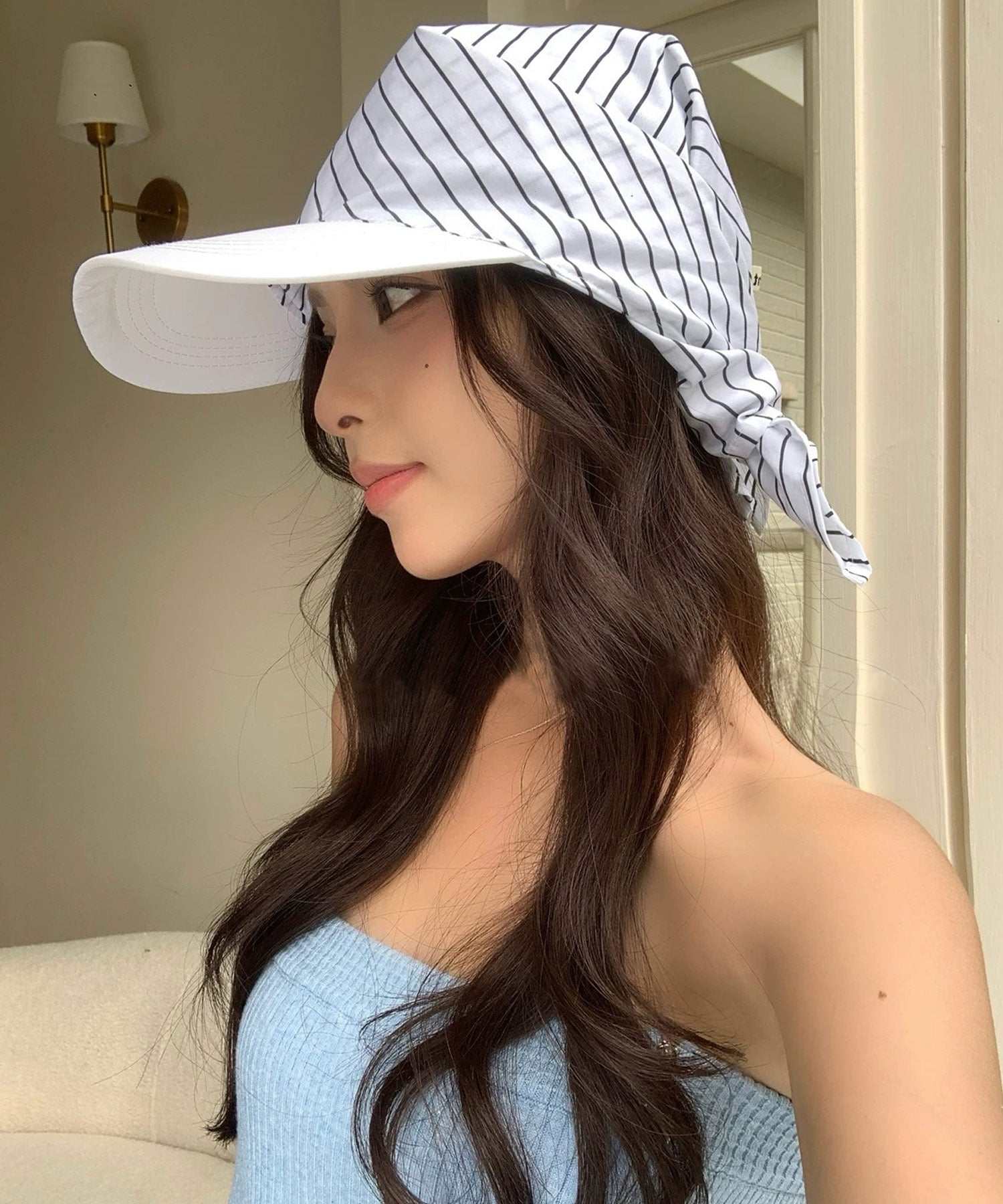 ショップニコニコ ShopNikoNiko ストライプ柄 スカーフキャップ【即納】ライブ参戦 フェスコーデ アウトドア レジャー ビーチ 海 リゾート 帽子 一体化 紫外線対策 熱中症対策 UV対策 小顔効果 (ホワイト) ホワイト