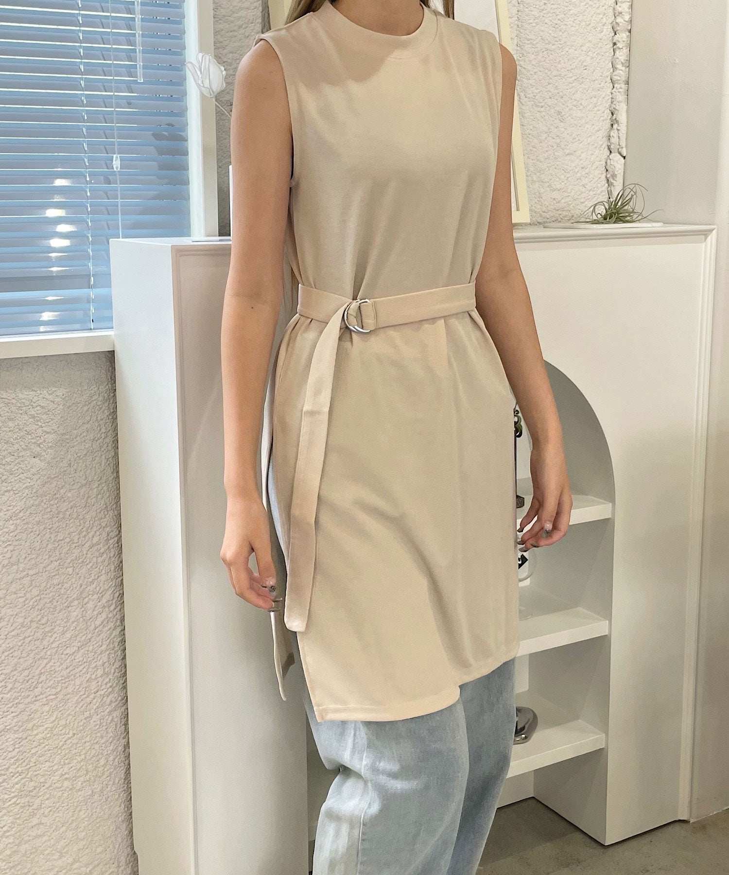 ショップニコニコ ShopNikoNiko ベルト付き細リブスリットチュニック 【即納】 シンプル ベルト付き 細リブスリット チュニック トレンド レディース 韓国ファッション 流行