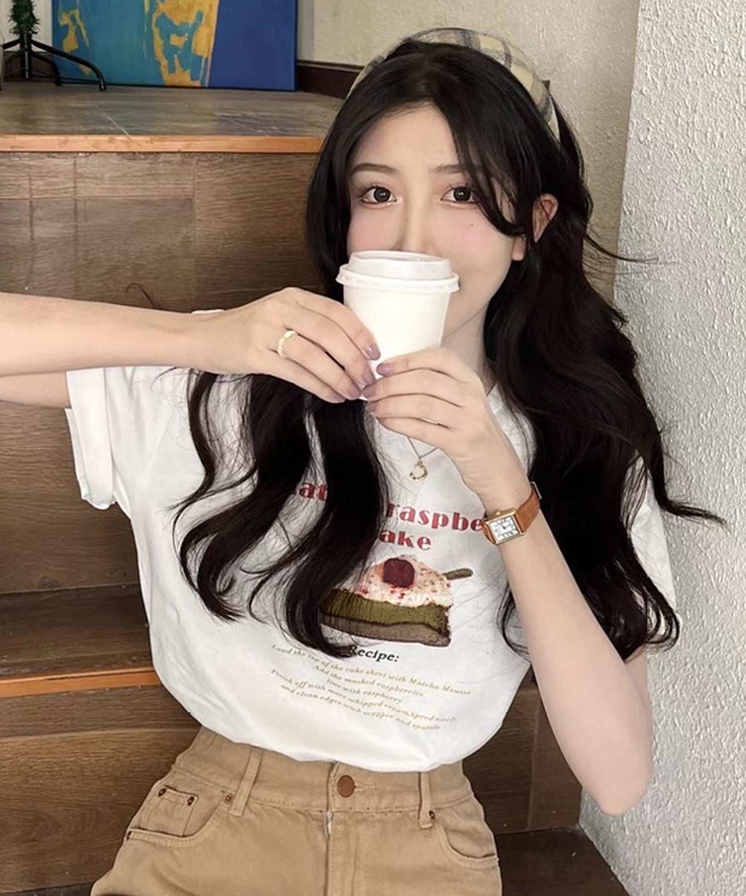 ショップニコニコ ShopNikoNiko ケーキプリント クルーネック Tシャツ ma【即納】韓国カジュアル カジュアル トップス 半袖 ケーキ Matchaケーキ ロゴ 英字ロゴ ロゴT ロゴTシャツ (ホワイト) ホワイト