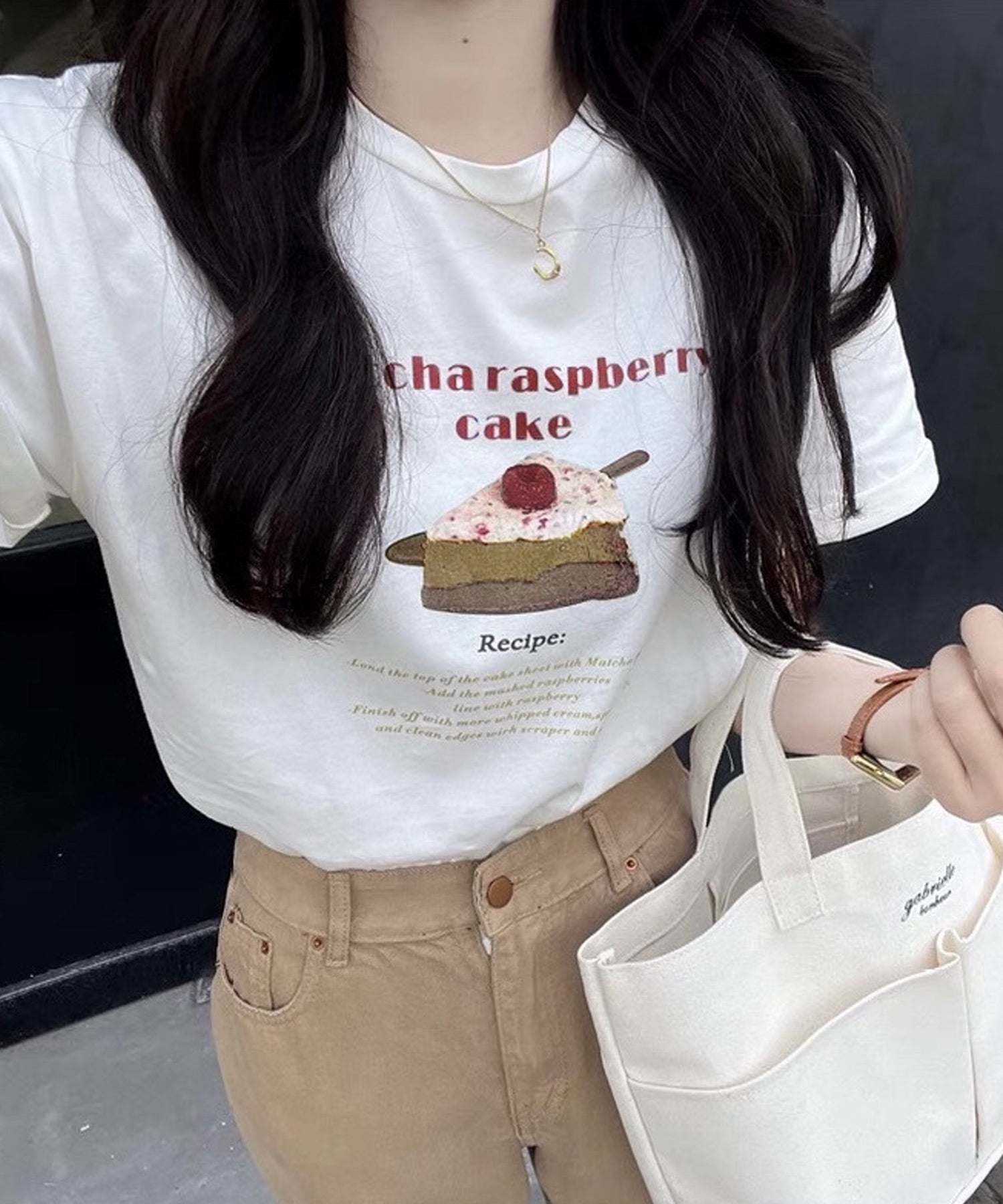 ショップニコニコ ShopNikoNiko ケーキプリント クルーネック Tシャツ ma【即納】韓国カジュアル カジュアル トップス 半袖 ケーキ Matchaケーキ ロゴ 英字ロゴ ロゴT ロゴTシャツ (ホワイト) ホワイト