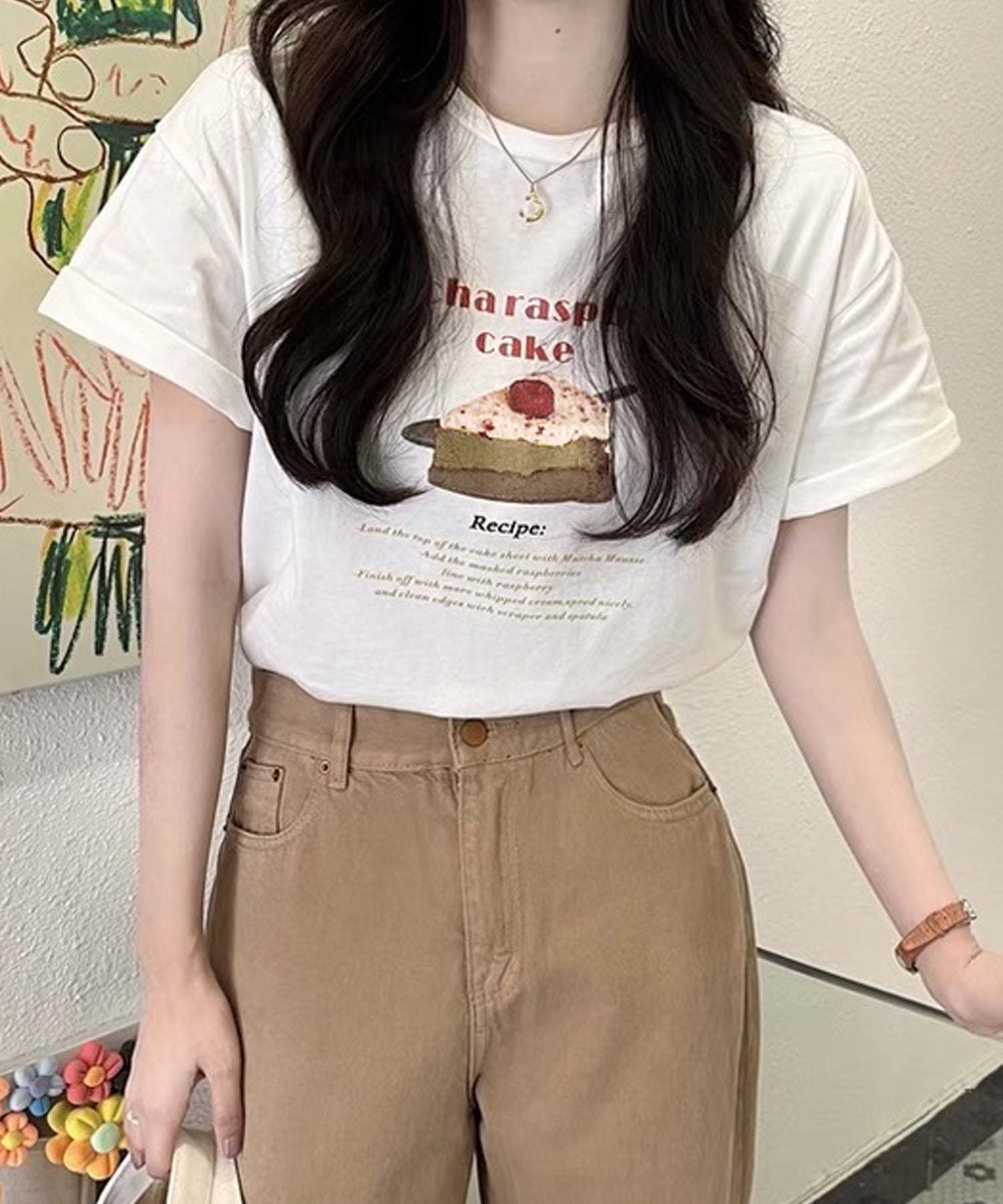 ショップニコニコ ShopNikoNiko ケーキプリント クルーネック Tシャツ ma【即納】韓国カジュアル カジュアル トップス 半袖 ケーキ Matchaケーキ ロゴ 英字ロゴ ロゴT ロゴTシャツ (ホワイト) ホワイト