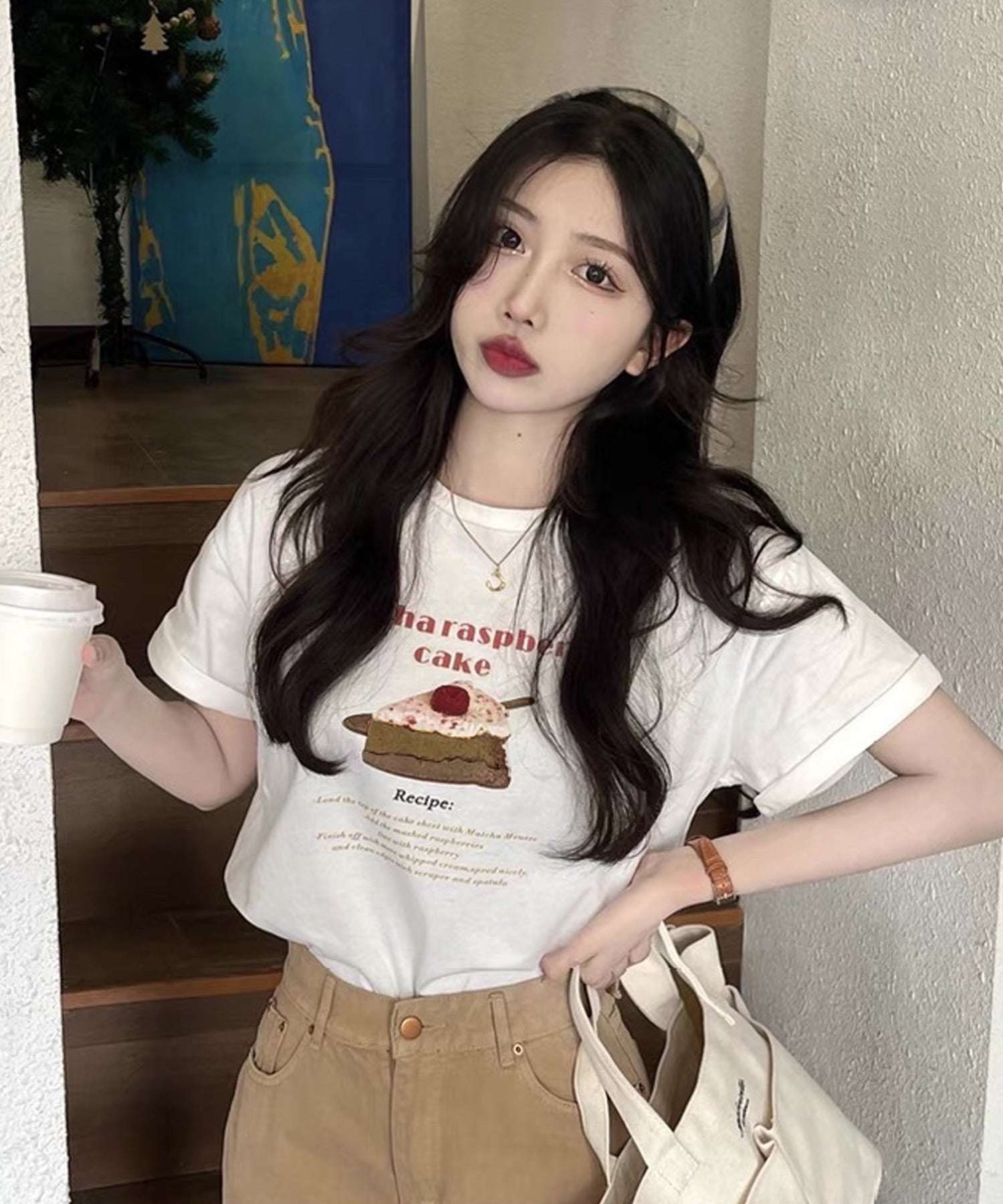 ショップニコニコ ShopNikoNiko ケーキプリント クルーネック Tシャツ ma【即納】韓国カジュアル カジュアル トップス 半袖 ケーキ Matchaケーキ ロゴ 英字ロゴ ロゴT ロゴTシャツ (ホワイト) ホワイト