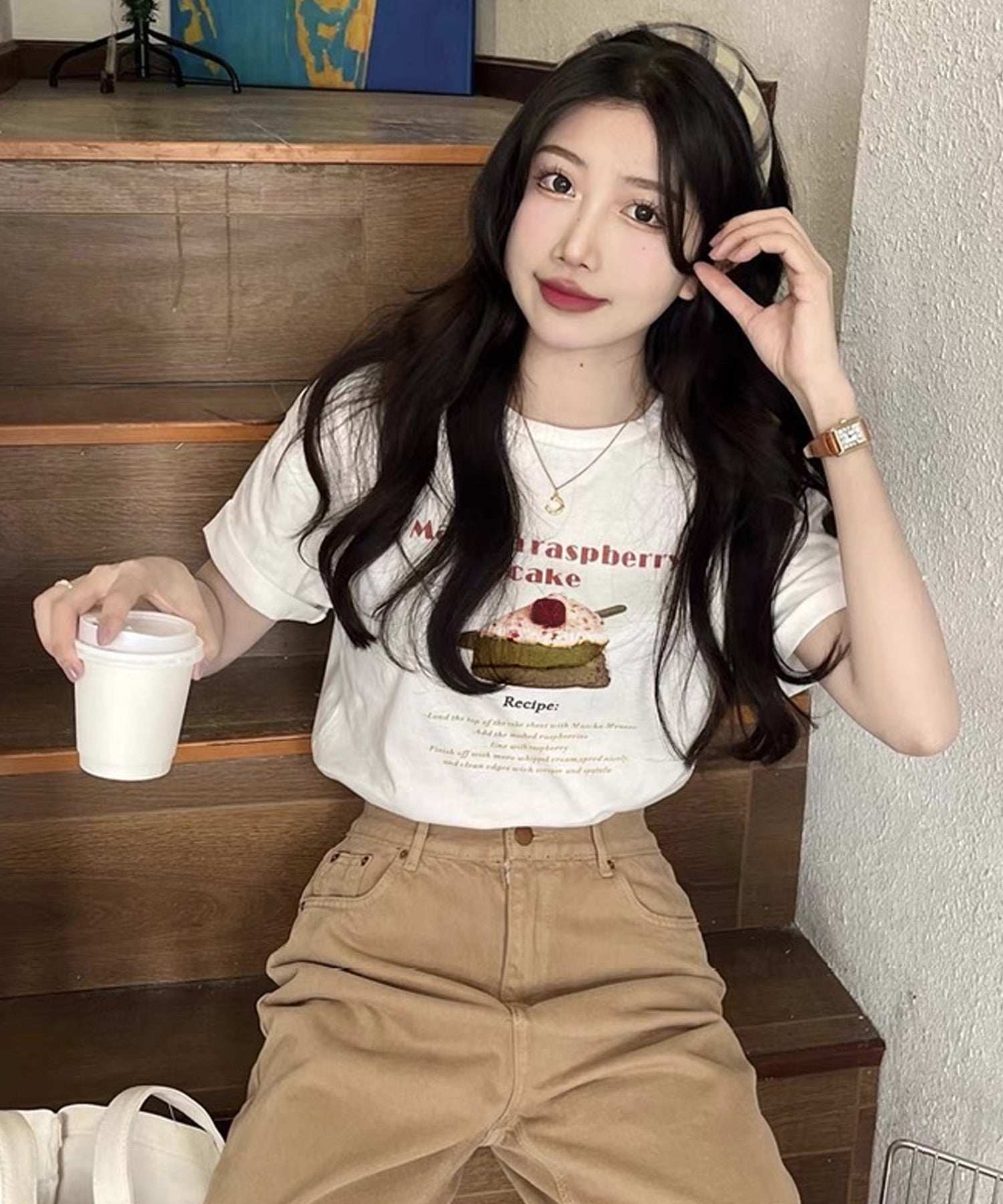 ショップニコニコ ShopNikoNiko ケーキプリント クルーネック Tシャツ ma【即納】韓国カジュアル カジュアル トップス 半袖 ケーキ Matchaケーキ ロゴ 英字ロゴ ロゴT ロゴTシャツ (ホワイト) ホワイト