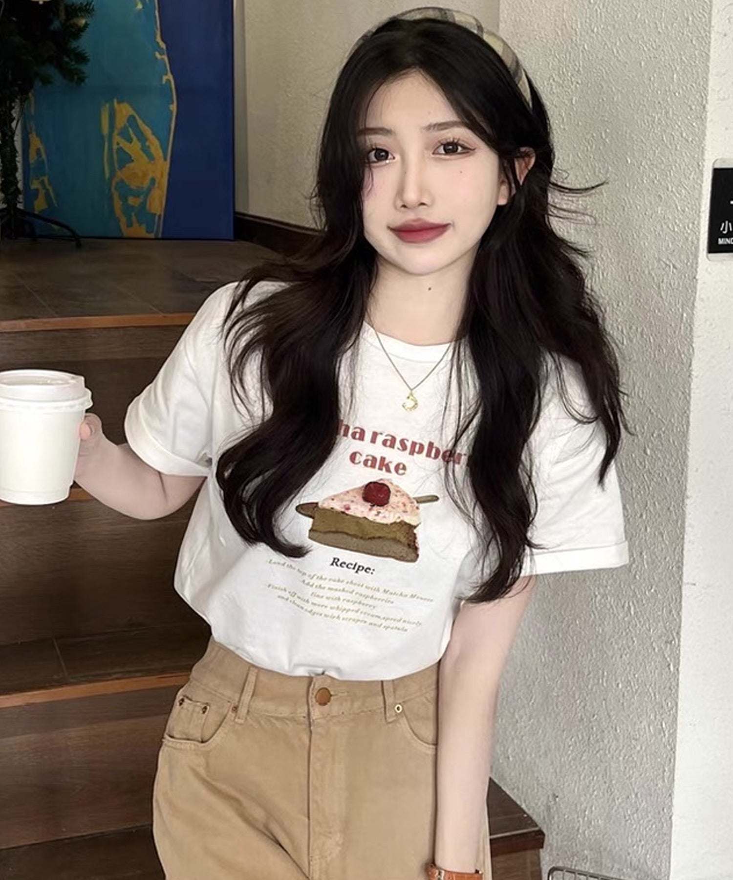 ショップニコニコ ShopNikoNiko ケーキプリント クルーネック Tシャツ ma【即納】韓国カジュアル カジュアル トップス 半袖 ケーキ Matchaケーキ ロゴ 英字ロゴ ロゴT ロゴTシャツ (ホワイト) ホワイト