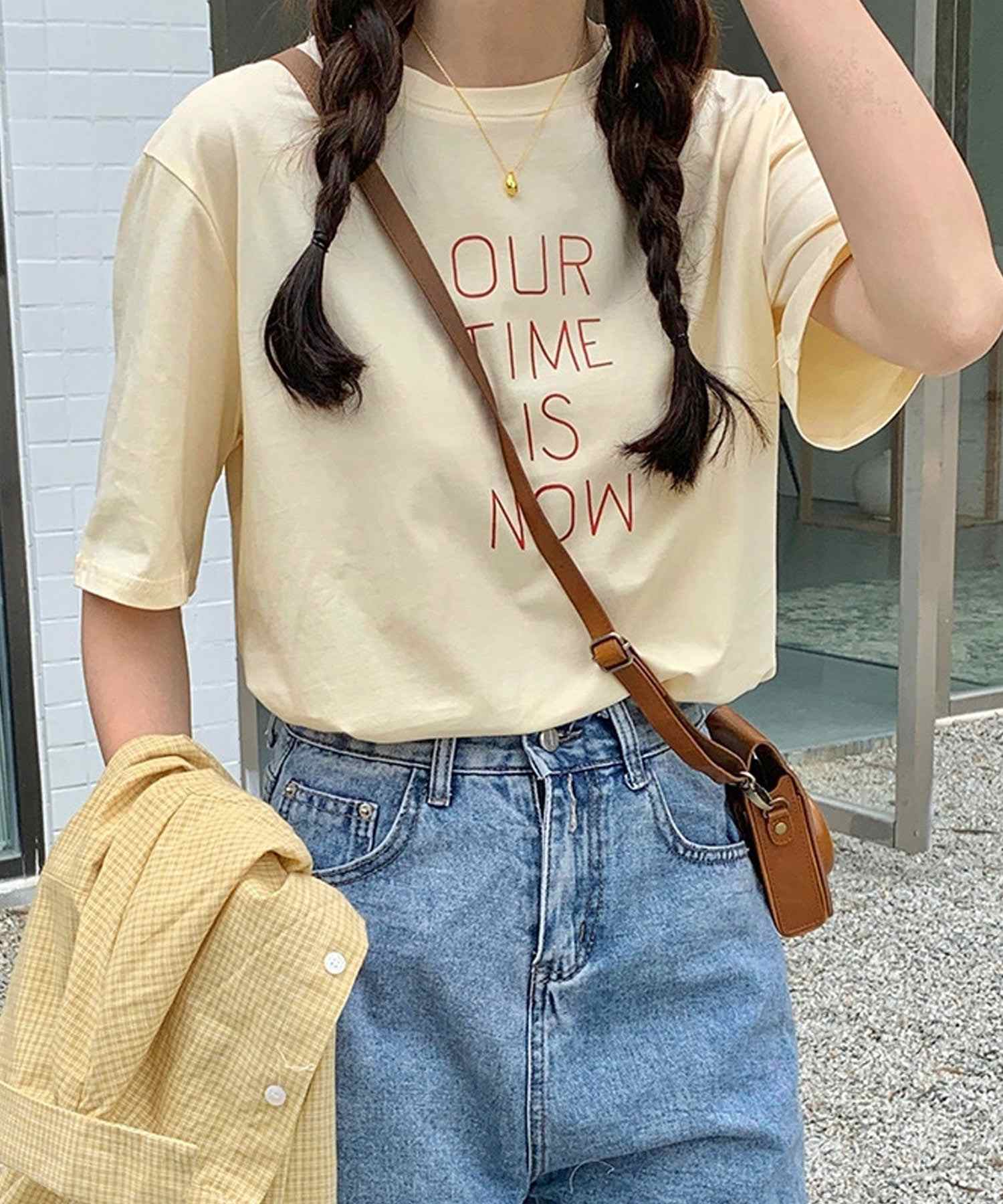 ショップニコニコ ShopNikoNiko ロゴプリント パステルカラー 半袖Tシャツ ma 【即納】韓国カジュアル 韓国ガーリー 春 夏 秋 ベーシックTシャツ クルーネック ロゴプリント ロゴT ロゴTシャツ (イエロー) イエロー